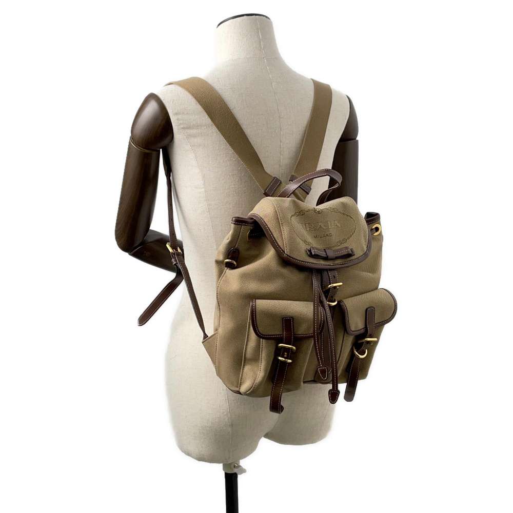 PRADA Logo Backpack Beige/Brown 1BZ677 Canvas Leather