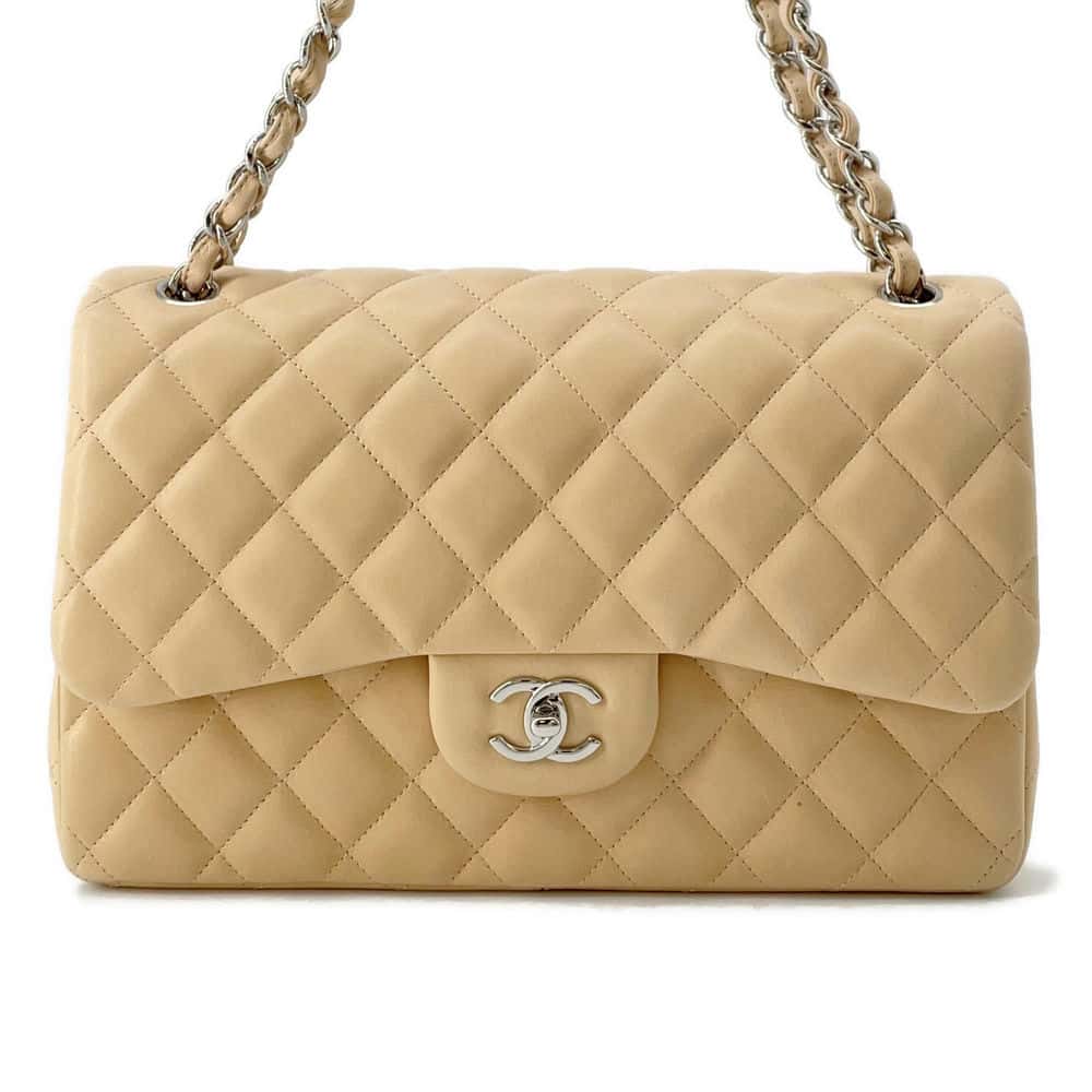 Chanel Jumbo Matelasse Double Flap Shoulder Bag Beige A58600 Lambskin Size 30
