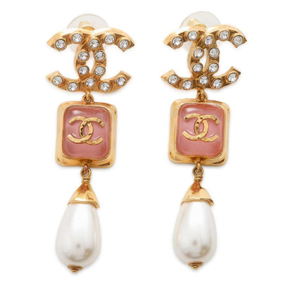 Chanel CC Logo Swing Earrings Gold Metal Rhinestone Strass Faux Pearl
