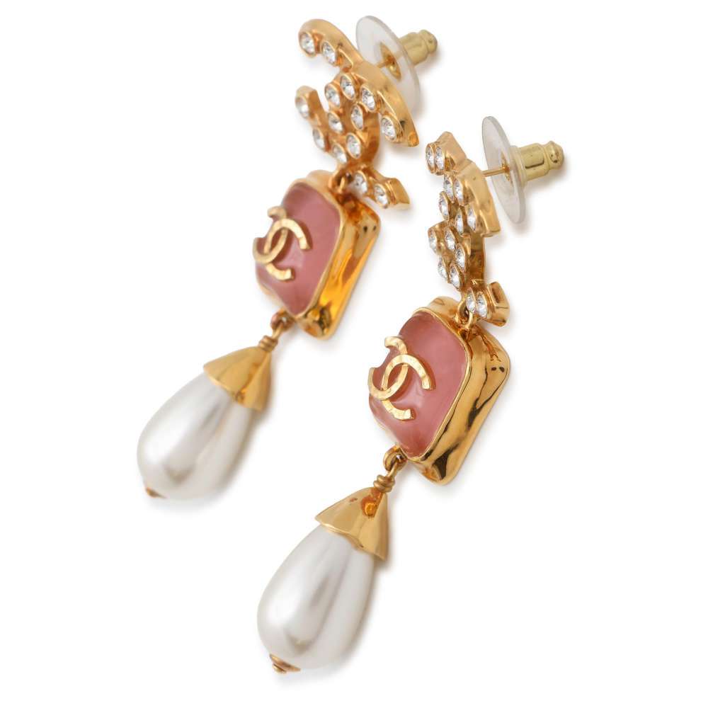 Chanel CC Logo Swing Earrings Gold Metal Rhinestone Strass Faux Pearl