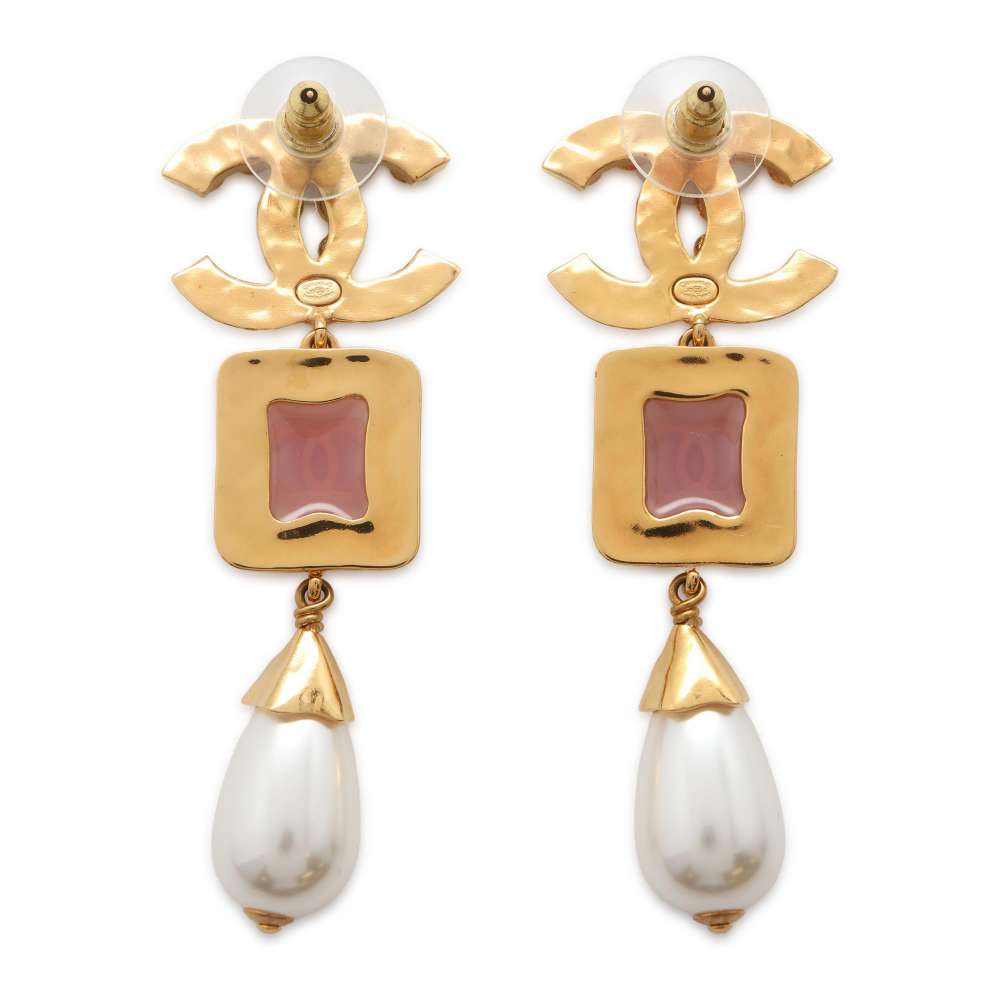 Chanel CC Logo Swing Earrings Gold Metal Rhinestone Strass Faux Pearl