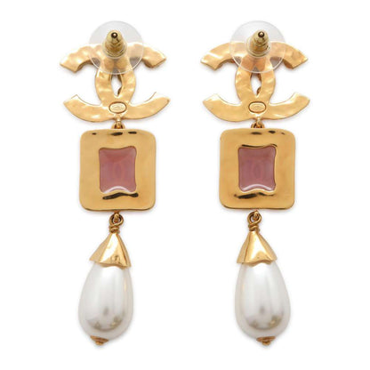 Chanel CC Logo Swing Earrings Gold Metal Rhinestone Strass Faux Pearl