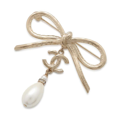 Chanel CC Logo Ribbon Brooch Gold AB8392 Metal Faux Pearl  Rhinestone