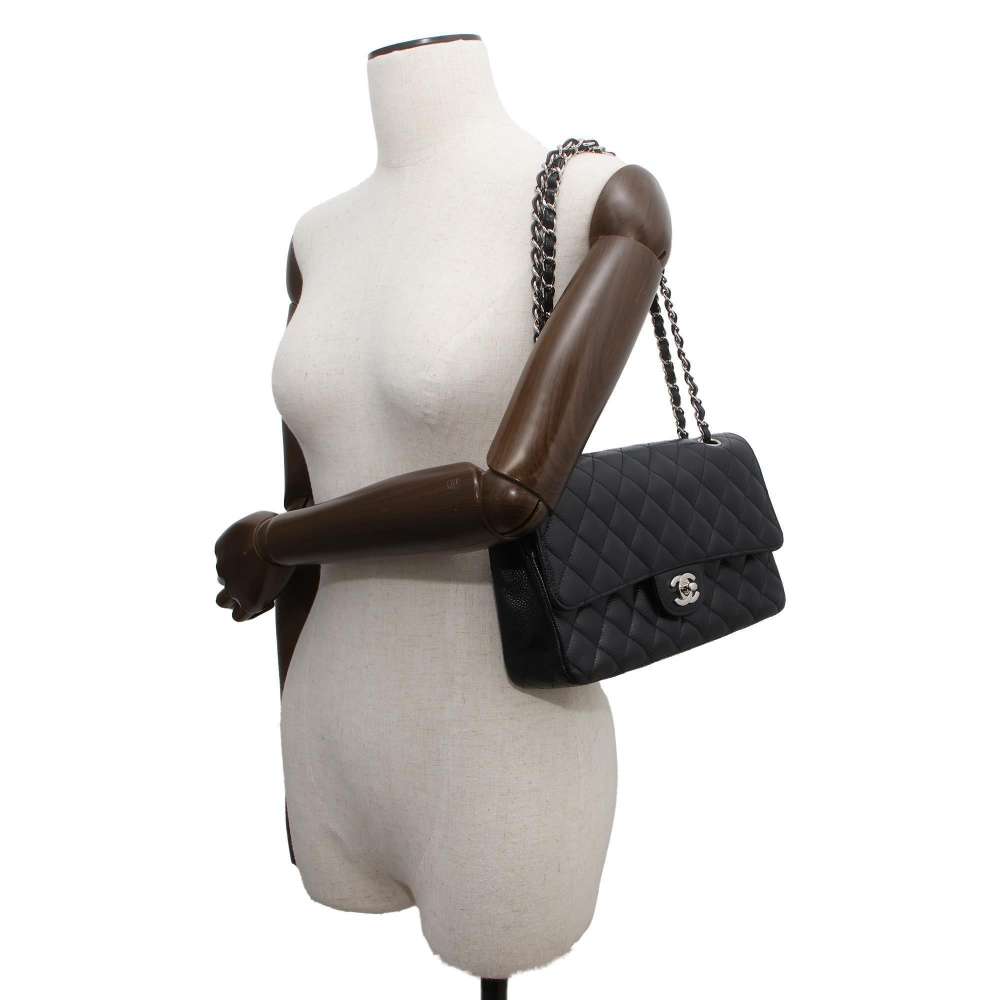 Chanel Matelasse W Flap ChainShoulder Bag Black A01112 Caviar Leather Size 25