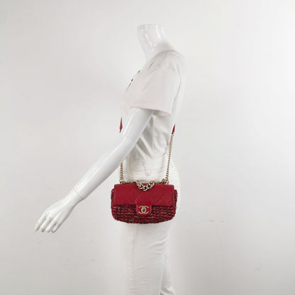 Chanel Red CC Mini Matelasse Tweed Leather Flap Chain Bag Gold Hardware