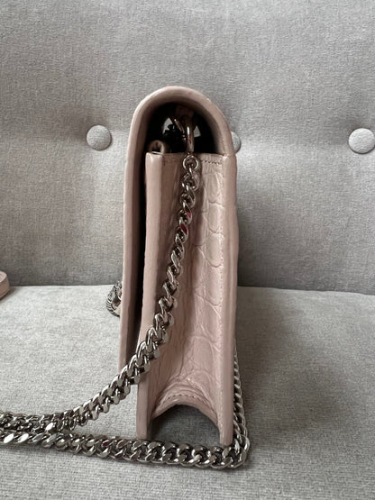 Yves Saint Laurent (YSL) Pale Pink Croc Kate Chain Wallet Silver Hardware