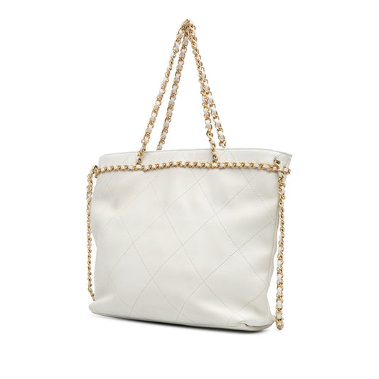 White Chanel Quilted Calfskin CC Lock Chain Shopping Tote Satchel