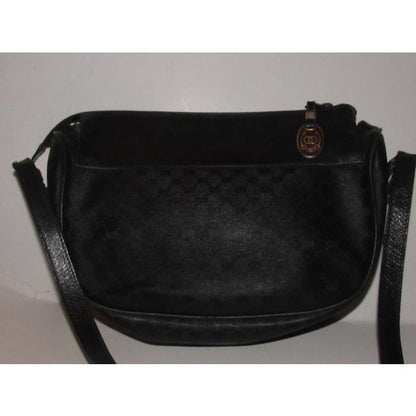 Gucci Vintage Black Crossbody Shoulder Bag Small G Logo Print Coated Canvas Leather