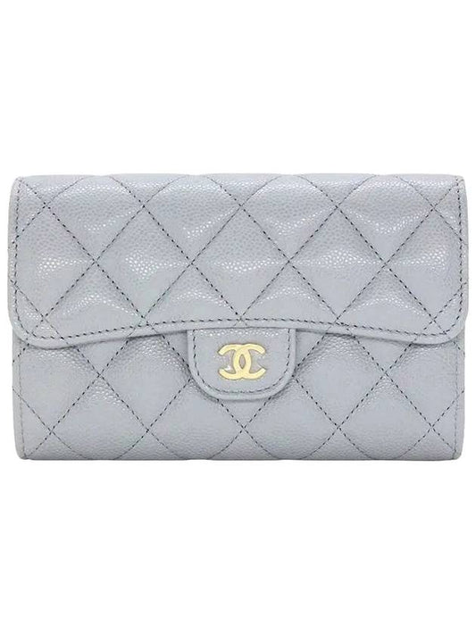 Classic Gold Logo Flap Grained Shiny Calfskin Half Wallet Grey Chanel