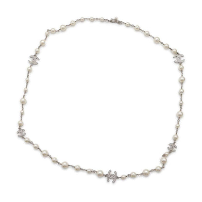 CHANEL CC Logo Long Necklace Silver A36121 Metal