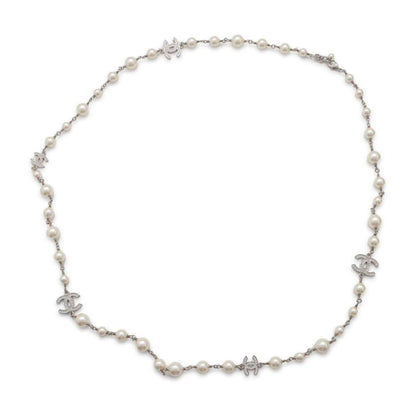 CHANEL CC Logo Long Necklace Silver A36121 Metal