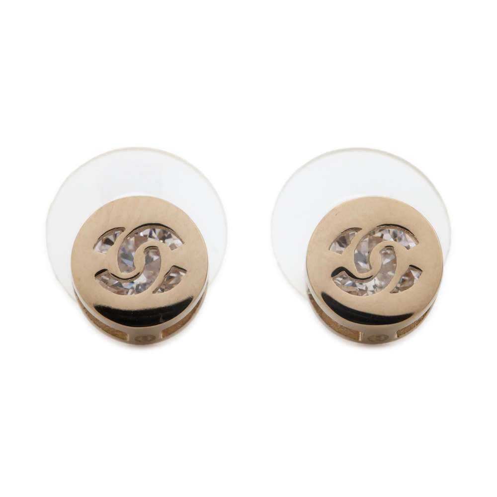 Chanel Round CC Logo Earrings Champagne Gold ABE107 Metal strass
