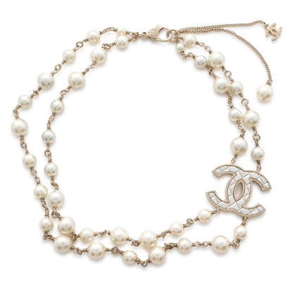 Chanel CC Logo Long Necklace Champagne Gold Metal Faux Pearl