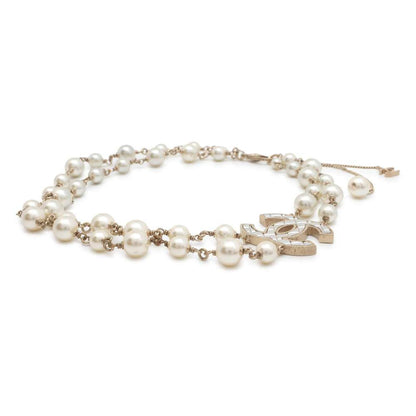 Chanel CC Logo Long Necklace Champagne Gold Metal Faux Pearl