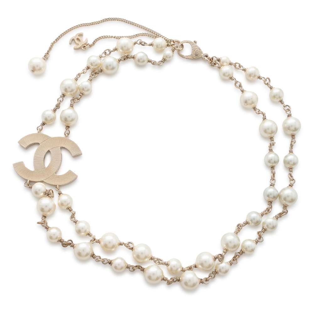 Chanel CC Logo Long Necklace Champagne Gold Metal Faux Pearl