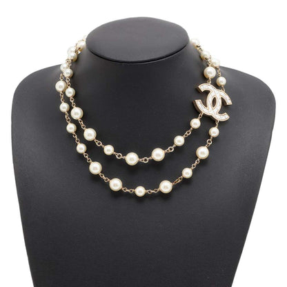 Chanel CC Logo Long Necklace Champagne Gold Metal Faux Pearl