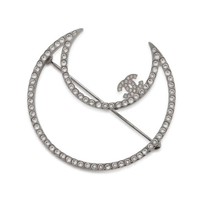 Chanel Brooch Moon Motif Rhinestone Silver Metal