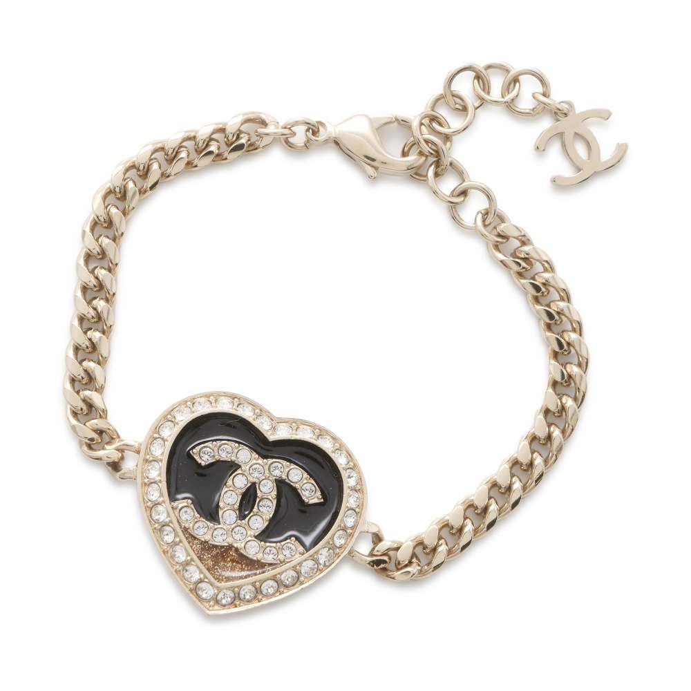 Chanel Heart CC Logo Bracelet Gold/Black ABB654 Metal Rhinestone