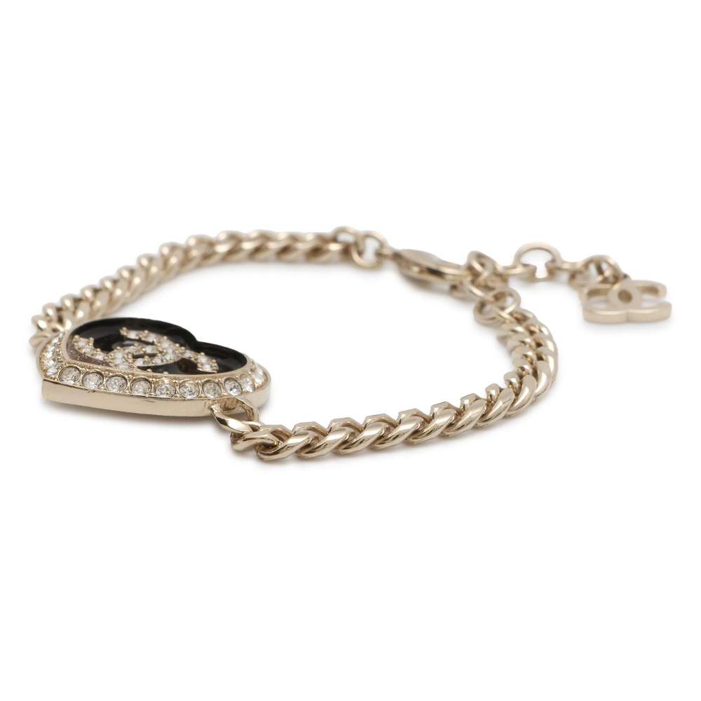 Chanel Heart CC Logo Bracelet Gold/Black ABB654 Metal Rhinestone
