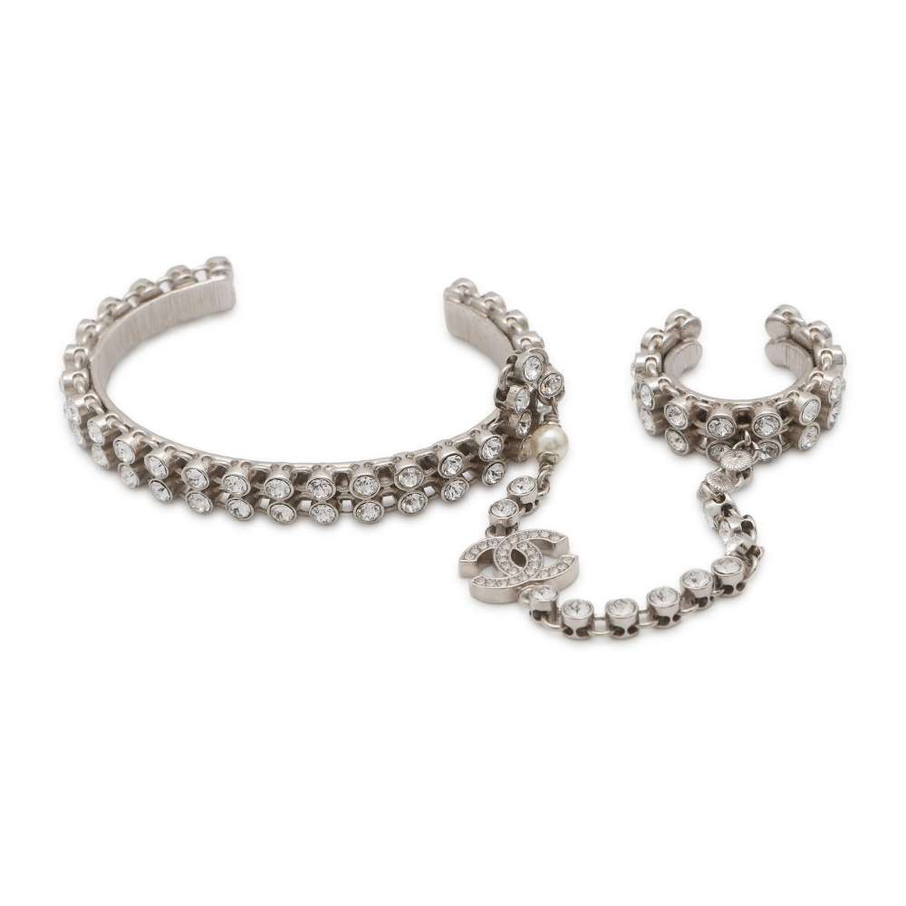 Chanel Finger Bracelet Ring Bracelet CC Logo Size S Silver AB7144 Metal  Rhinestone