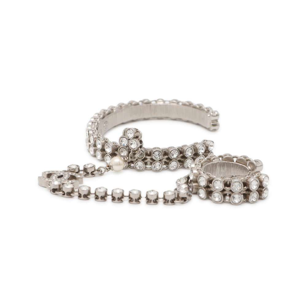 Chanel Finger Bracelet Ring Bracelet CC Logo Size S Silver AB7144 Metal  Rhinestone