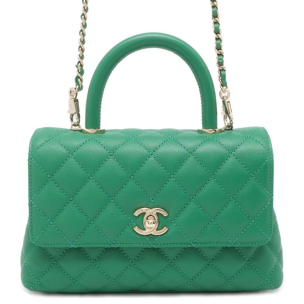 Chanel top handle chain shoulder Bag Green A92990 Caviar Leather Size XS