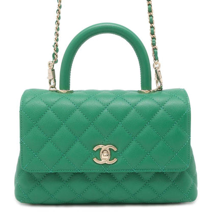 Chanel top handle chain shoulder Bag Green A92990 Caviar Leather Size XS