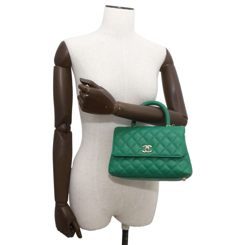 Chanel top handle chain shoulder Bag Green A92990 Caviar Leather Size XS