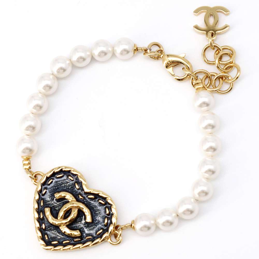 Chanel CC Logo Heart Bracelet Gold/Blue ABC724 Metal Faux Pearl