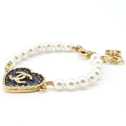 Chanel CC Logo Heart Bracelet Gold/Blue ABC724 Metal Faux Pearl