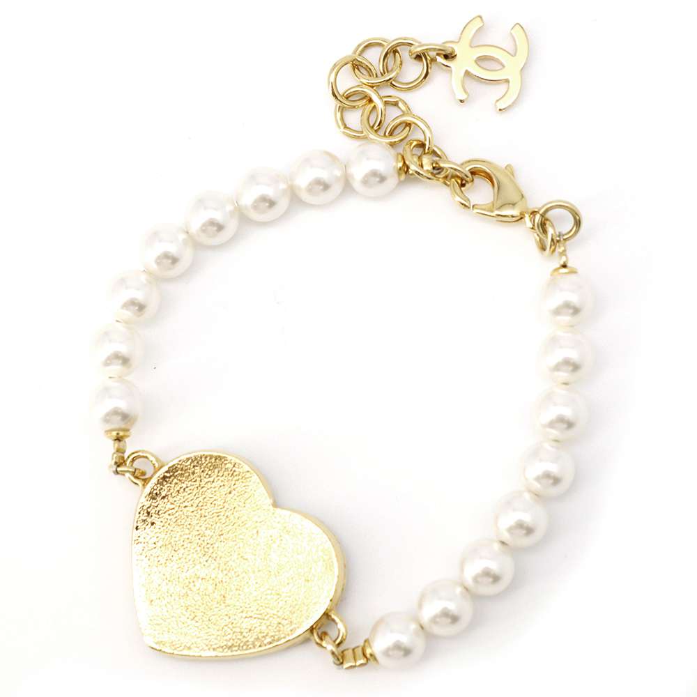 Chanel CC Logo Heart Bracelet Gold/Blue ABC724 Metal Faux Pearl
