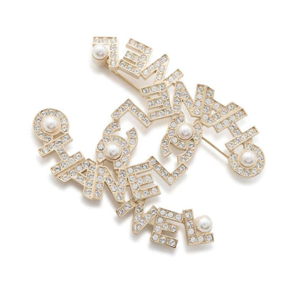 Chanel CC Logo LogoBrooch Rhinestone Faux Pearl Champagne Gold Metal