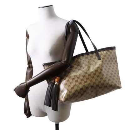 GUCCI GG Crystal Bamboo Tassel Tote Bag Brown/Beige 354665 PVC Coated Canvas Leather