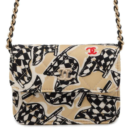 Chanel Matelasse Checkered Flag Mini Shoulder Bag Beige/Black/White Canvas Leather