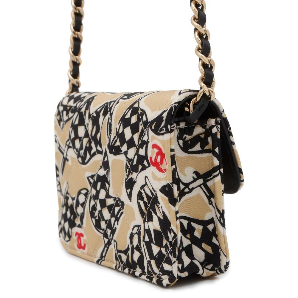 Chanel Matelasse Checkered Flag Mini Shoulder Bag Beige/Black/White Canvas Leather
