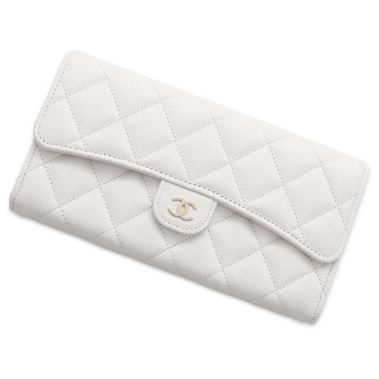 CHANEL Matelasse Classic Long Flap Wallet White AP0241 Caviar Leather