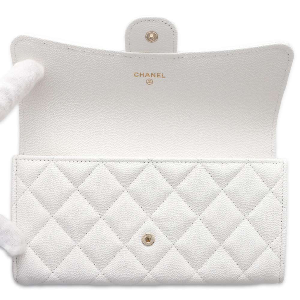 CHANEL Matelasse Classic Long Flap Wallet White AP0241 Caviar Leather