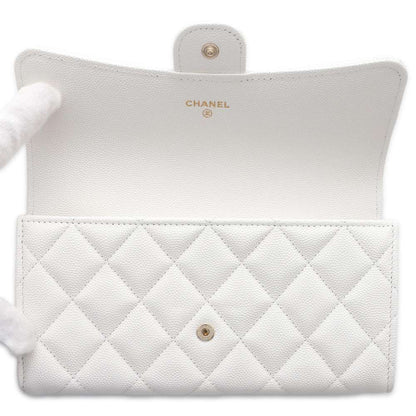 CHANEL Matelasse Classic Long Flap Wallet White AP0241 Caviar Leather