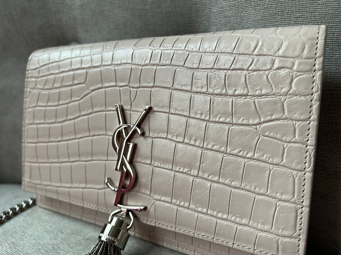 Yves Saint Laurent (YSL) Pale Pink Croc Kate Chain Wallet Silver Hardware