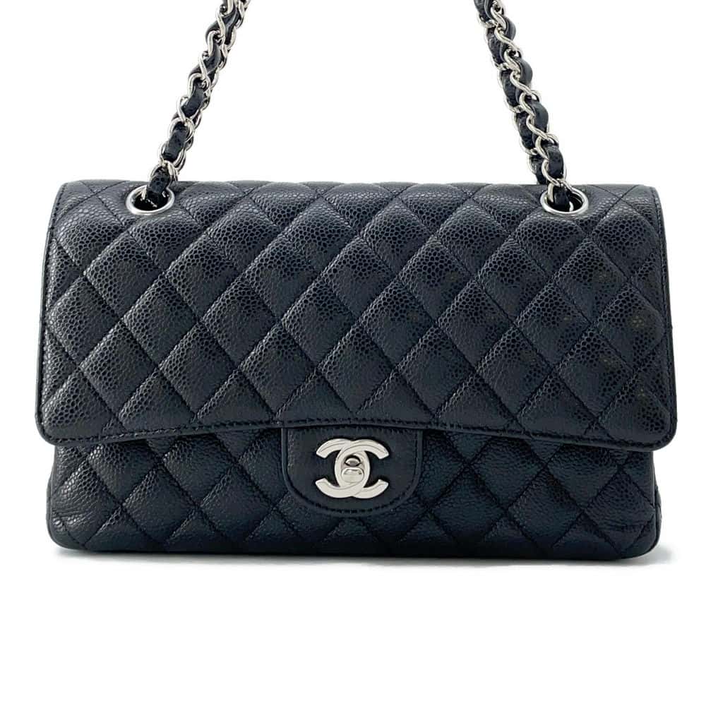 Chanel Matelasse W Flap ChainShoulder Bag Black A01112 Caviar Leather Size 25