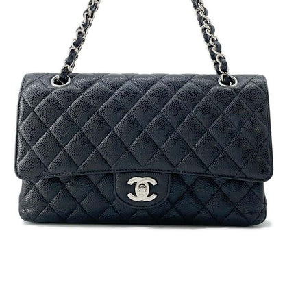 Chanel Matelasse W Flap ChainShoulder Bag Black A01112 Caviar Leather Size 25