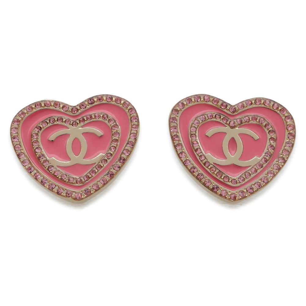 Chanel CC Logo Heart Earrings Pink Metal Rhinestone