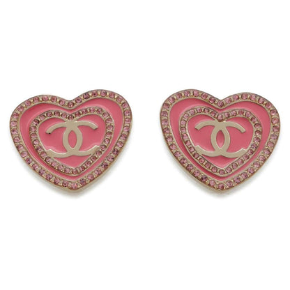 Chanel CC Logo Heart Earrings Pink Metal Rhinestone