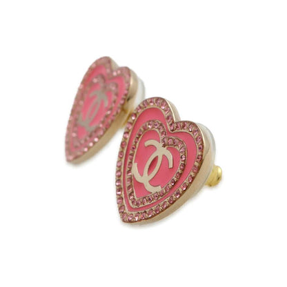 Chanel CC Logo Heart Earrings Pink Metal Rhinestone