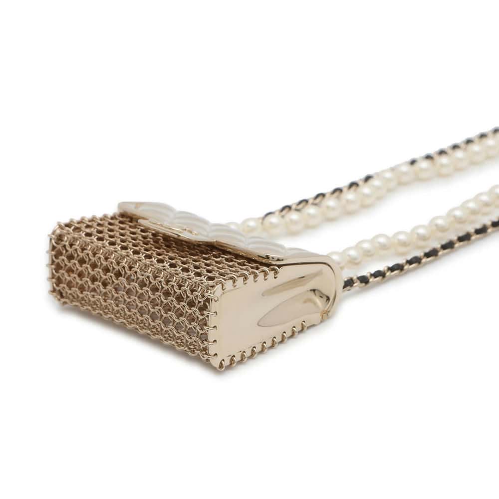 Chanel Matelasse Bag Motif Long Pearl/Chain Necklace Gold AB6135 Metal Leather Faux Pearl