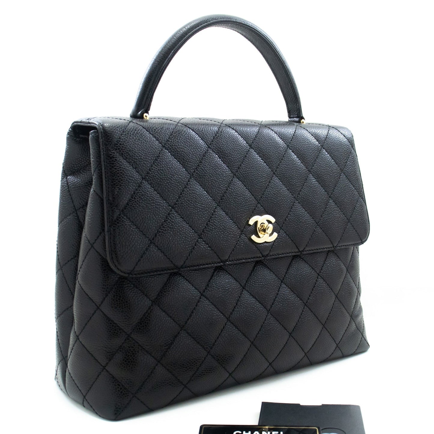 CHANEL Caviar Handbag Top Handle Bag Kelly Black Flap Leather Gold