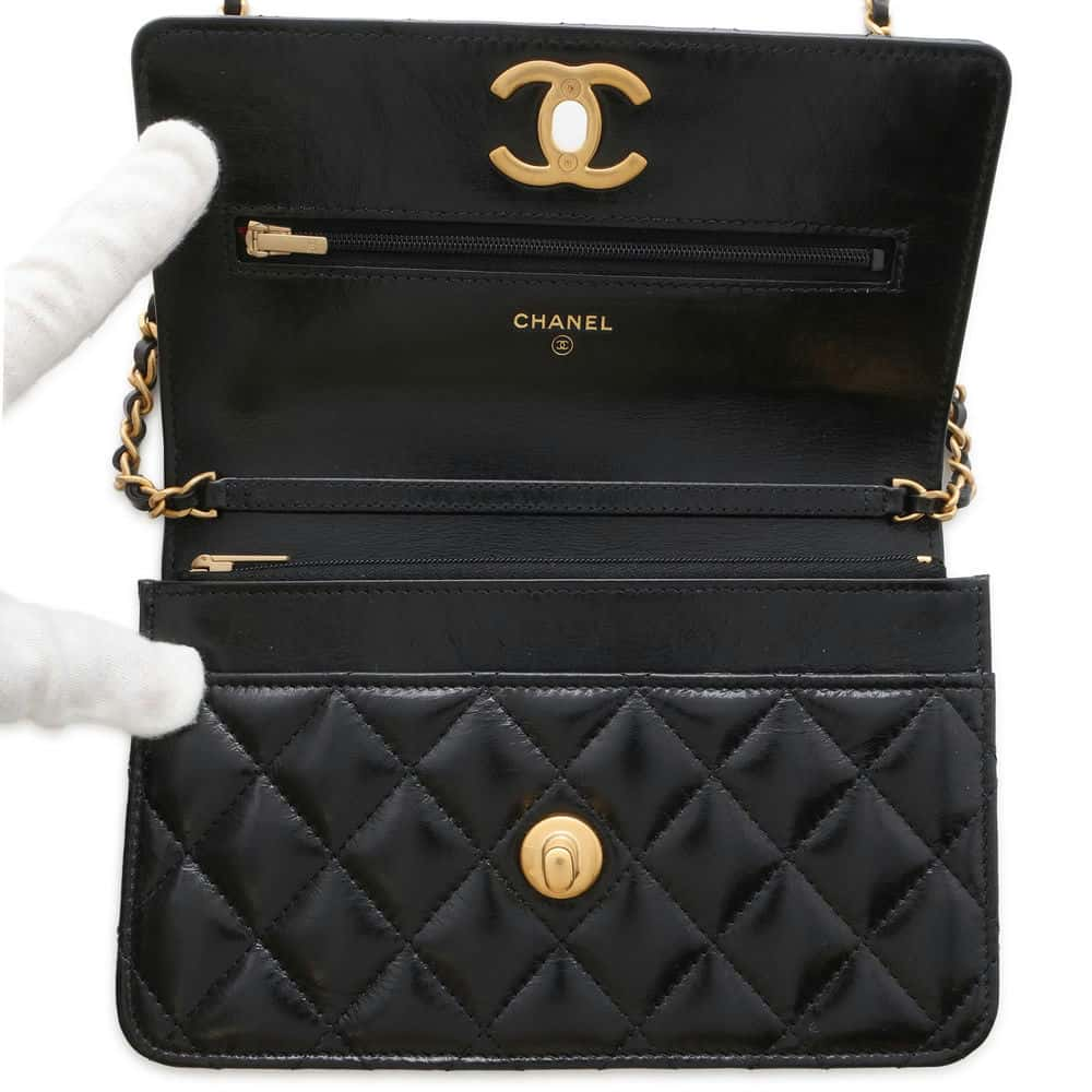 CHANEL Matelasse Chain wallet Black Shiny Lambskin