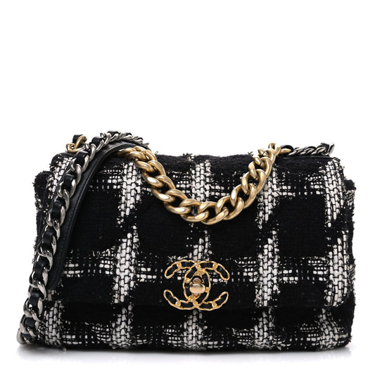 Tweed Quilted Medium Chanel 19 Flap Black White