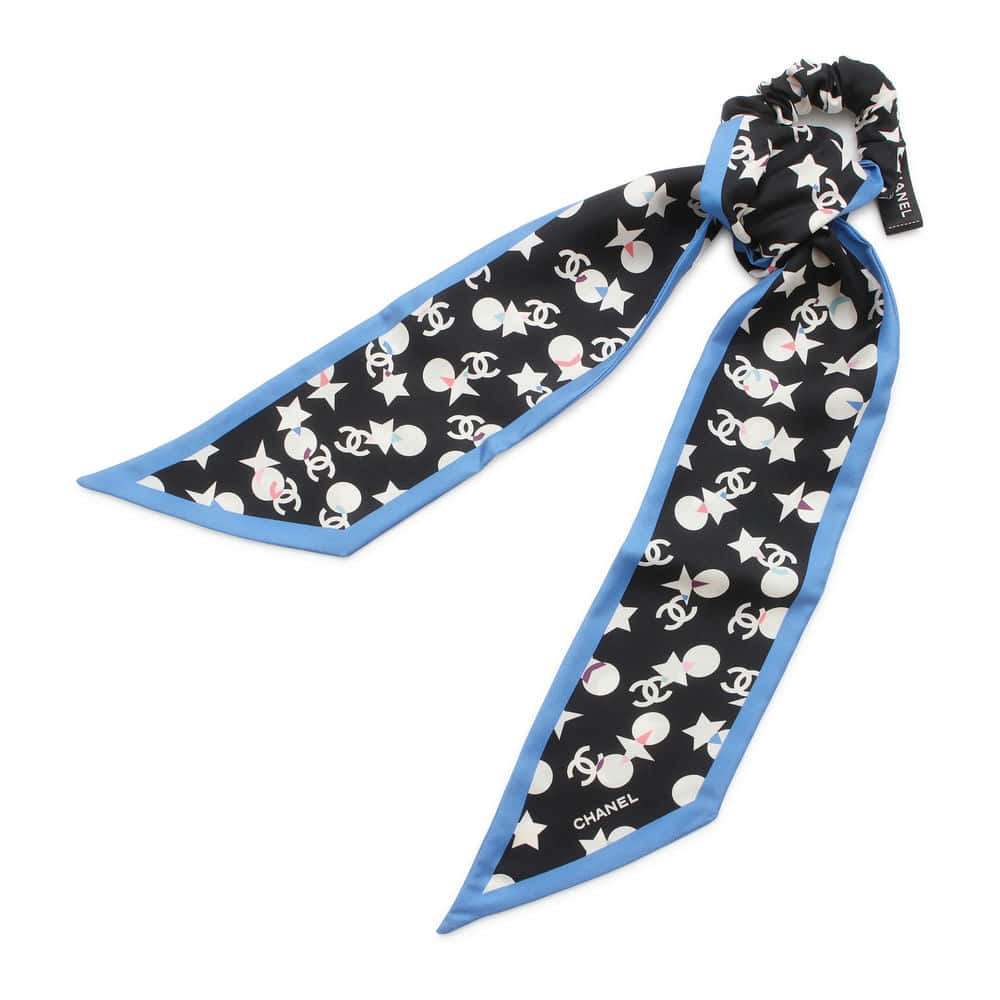 Chanel CC Logo/Star Pattern Scrunchie Scarf Set Black/White/Blue Silk100%