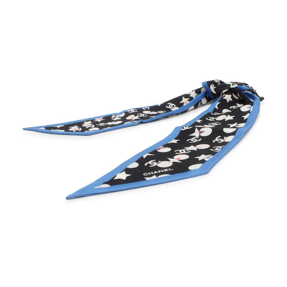 Chanel CC Logo/Star Pattern Scrunchie Scarf Set Black/White/Blue Silk100%
